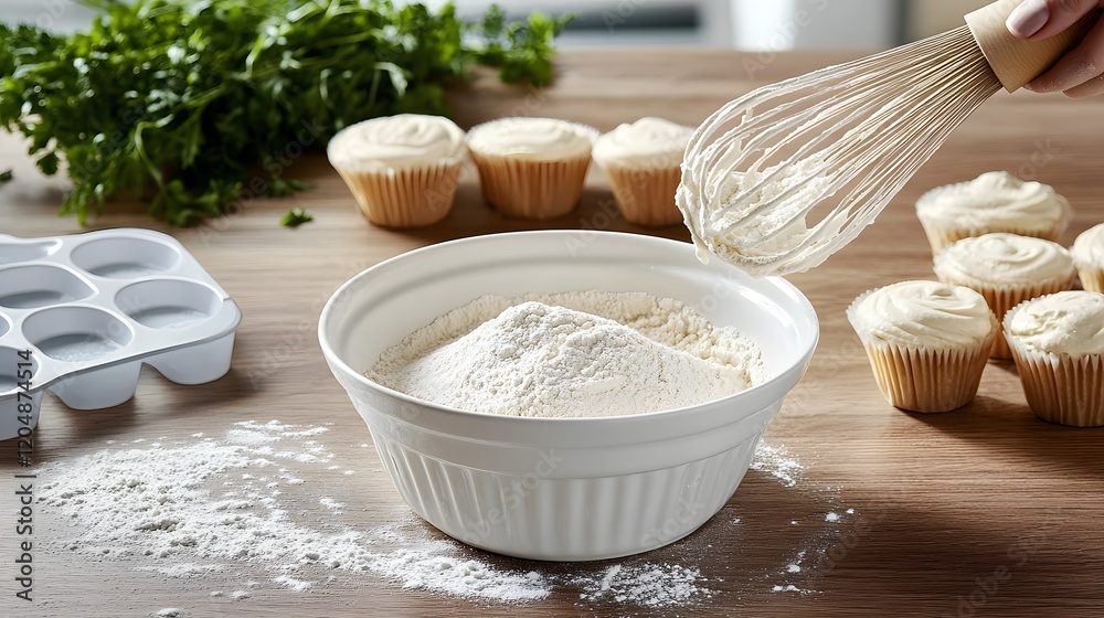 Fototapeta premium Baking ingredients with flour and muffins in a kitchen.