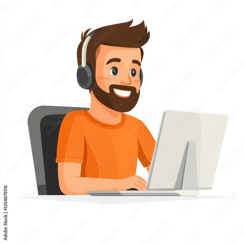 Man with headphones concentrating on laptop in modern workspace Man with headphones concentrating on laptop in modern workspace