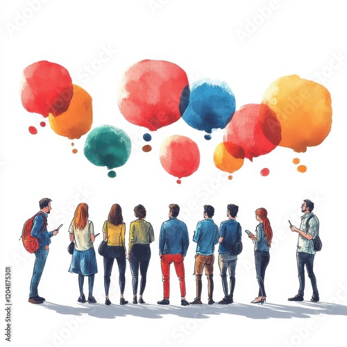 Group of people standing in line holding colorful balloons outdoors