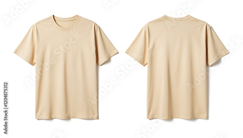 Beige, light brown t-shirt model, front and back view isolated on white background.