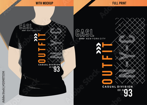 Outfit nyc design typography with t-shirt mockup and full printing, vector illustration