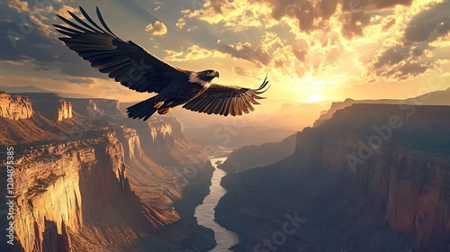 A majestic eagle spirit animal soaring above a surreal canyon