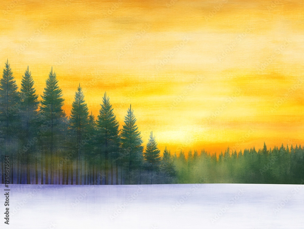 Obraz premium Serene winter sunset glows warmly over snow covered pines. AI Generated