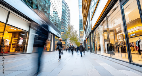 Busy urban shopping street with diverse shoppers and modern architecture
