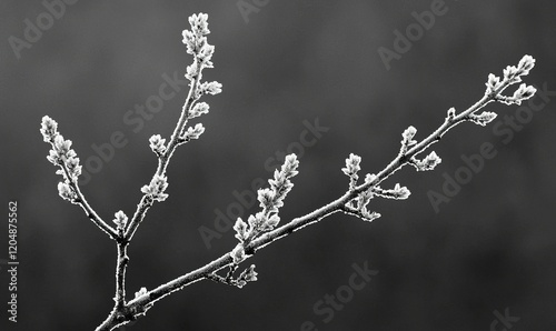 Frosted tree branch with buds against blurred background, ideal for winter or nature themes