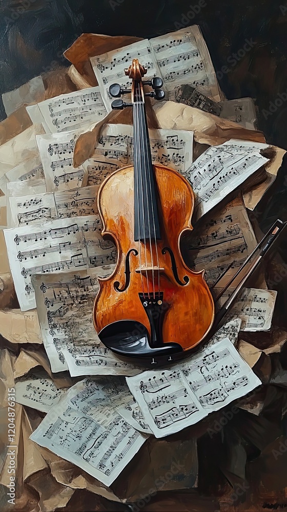 Fototapeta premium Violin Resting on Sheets of Musical Notes