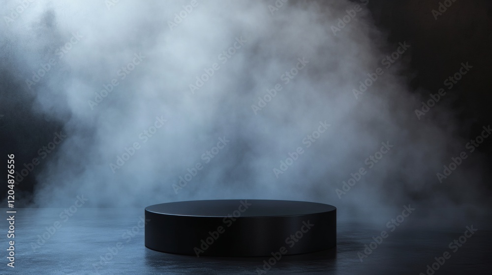 Mysterious Black Cylindrical Podium in Smoky Atmosphere Mysterious Black Cylindrical Podium in Smoky Atmosphere