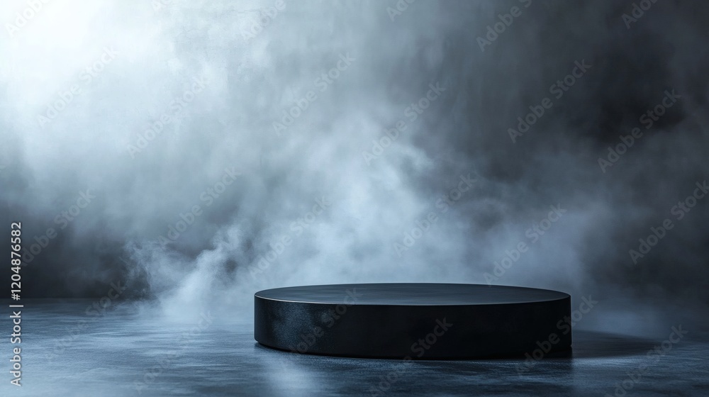 Dark Moody Studio Background with Circular Pedestal and Smoke Dark Moody Studio Background with Circular Pedestal and Smoke