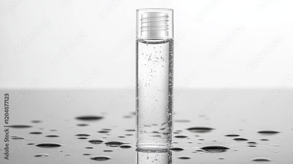 A transparent cosmetic bottle placed on a reflective surface with water droplets. A transparent cosmetic bottle placed on a reflective surface with water droplets.