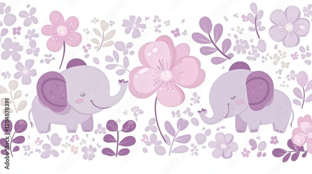 Playful elephants surrounded by colorful flowers in whimsical, pastel art style