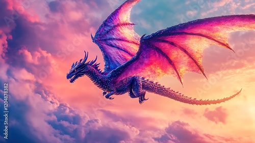 A mystical dragon spirit animal soaring in a vibrant sky photo