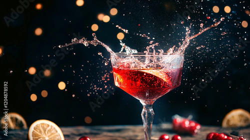 Red cocktail splashing in a coupe glass