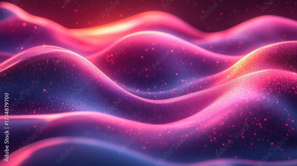 A vibrant, abstract landscape featuring smooth, undulating waves in shades of pink and blue, illuminated by subtle lighting and sparkling elements. A vibrant, abstract landscape featuring smooth, undulating waves in shades of pink and blue, illuminated by subtle lighting and sparkling elements.