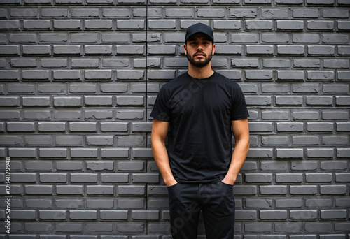 Young healthy man with black T-shirt on concrete background with copyspace for your text. Picture without model face.