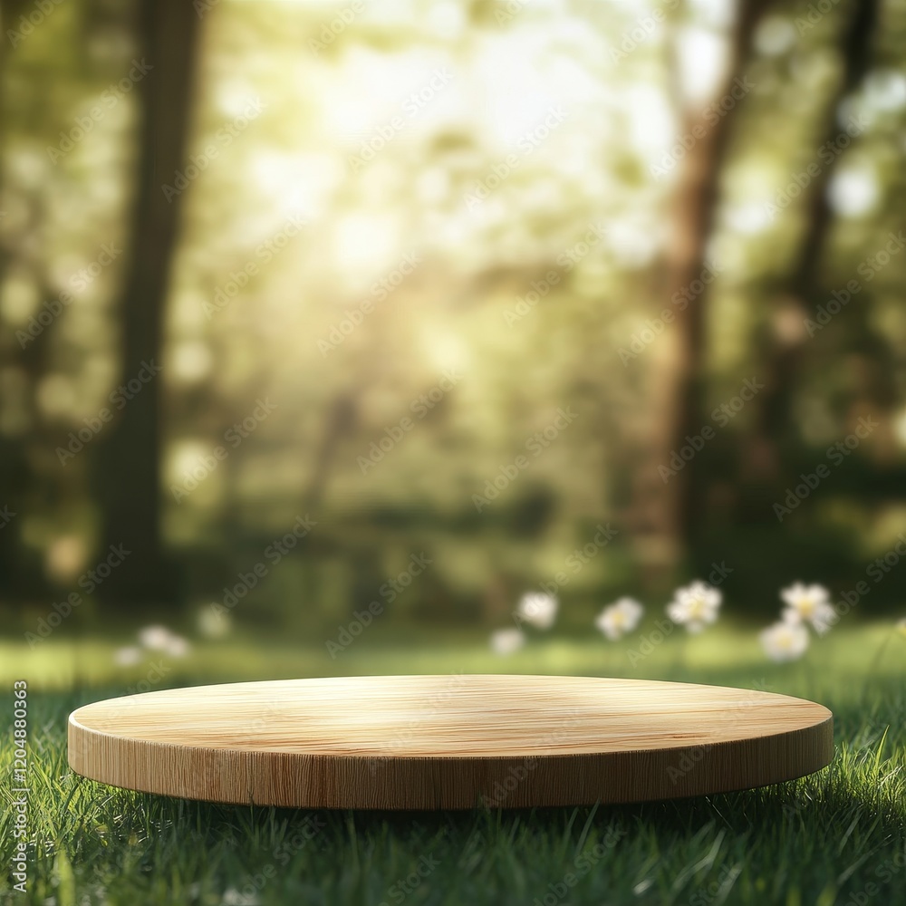 Wooden podium on green grass with blurred bokeh background. Wooden podium on green grass with blurred bokeh background.