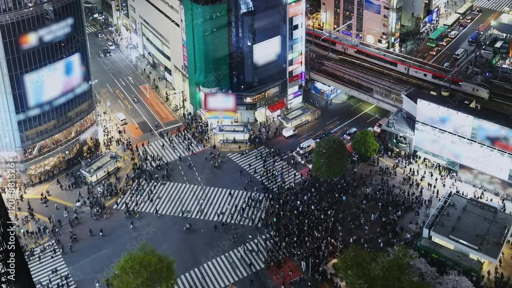Time lapse of Shibuya crossing at night with people, aerial view, Tokyo, Japan