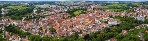 Aerial view around the old town of the city Donauworth or Donauwörth in Bavaria on a cloudy day in Germany. photo