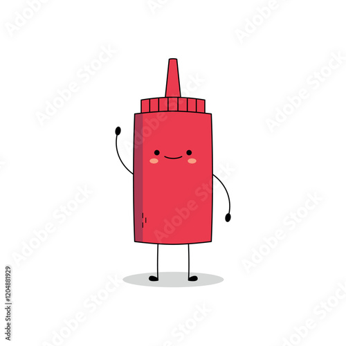 Cute ketchup cartoon character waving hand hi doodle