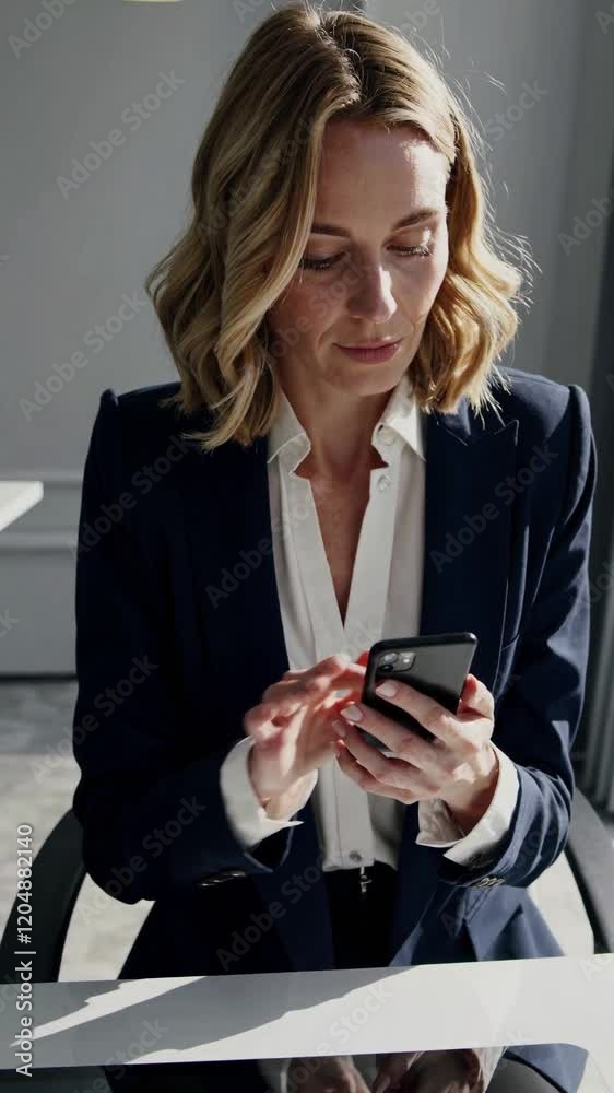 Businesswoman in a modern office space wearing a navy blazer, looking at her smartphone and touching phone screen Businesswoman in a modern office space wearing a navy blazer, looking at her smartphone and touching phone screen