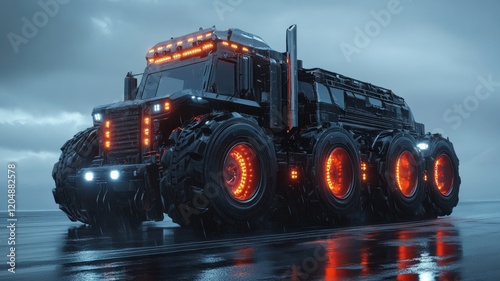 Futuristic All-Terrain Vehicle in a Moody Environment with Bright LED Lighting Effects