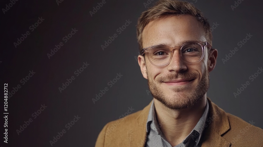 Fototapeta premium Smart businessman smiling at camera, wearing trendy transparent glasses