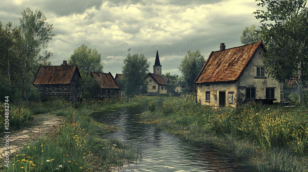 Obraz premium Tranquil Village by the River