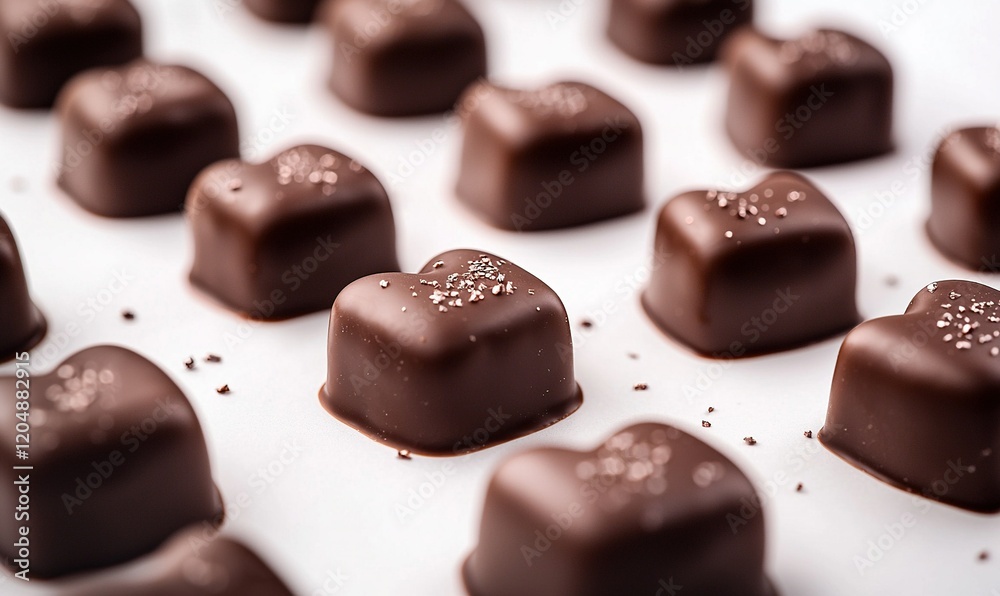Heart-shaped dark chocolates with sea salt on white background, ideal for Valentine's Day treats Heart-shaped dark chocolates with sea salt on white background, ideal for Valentine's Day treats