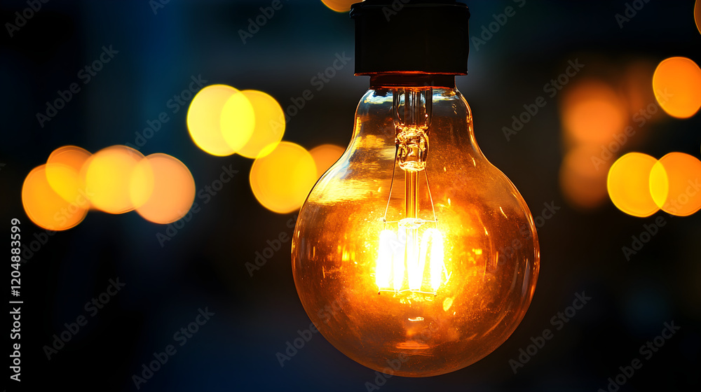 Close-Up of Glowing Light Bulb with Warm Bokeh Background- AI Generate