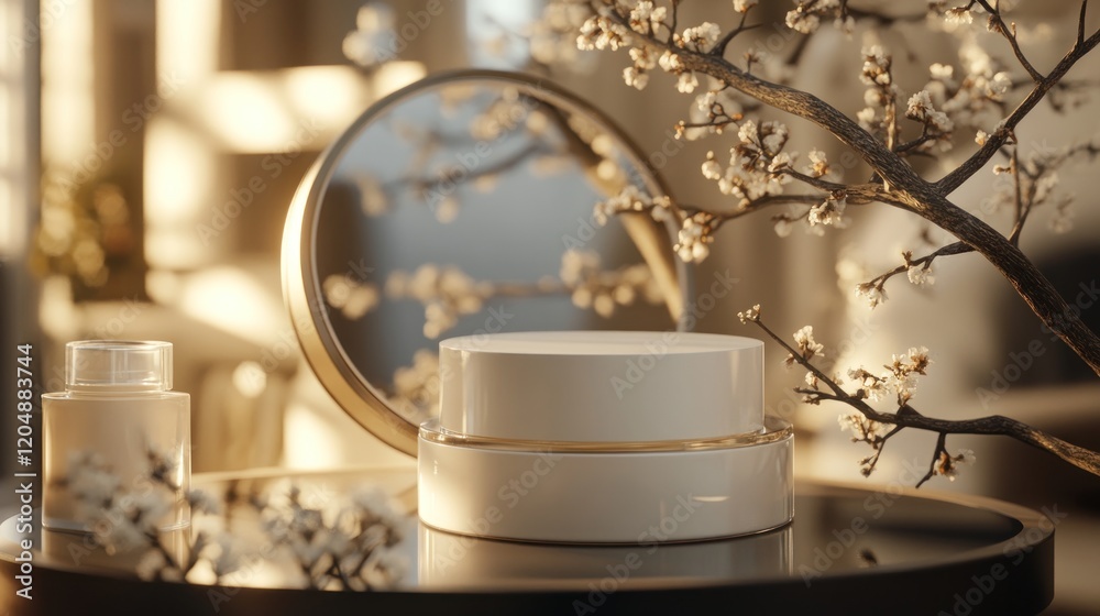 Luxury cream display, home interior, sunlight, blossoms, mockup Luxury cream display, home interior, sunlight, blossoms, mockup