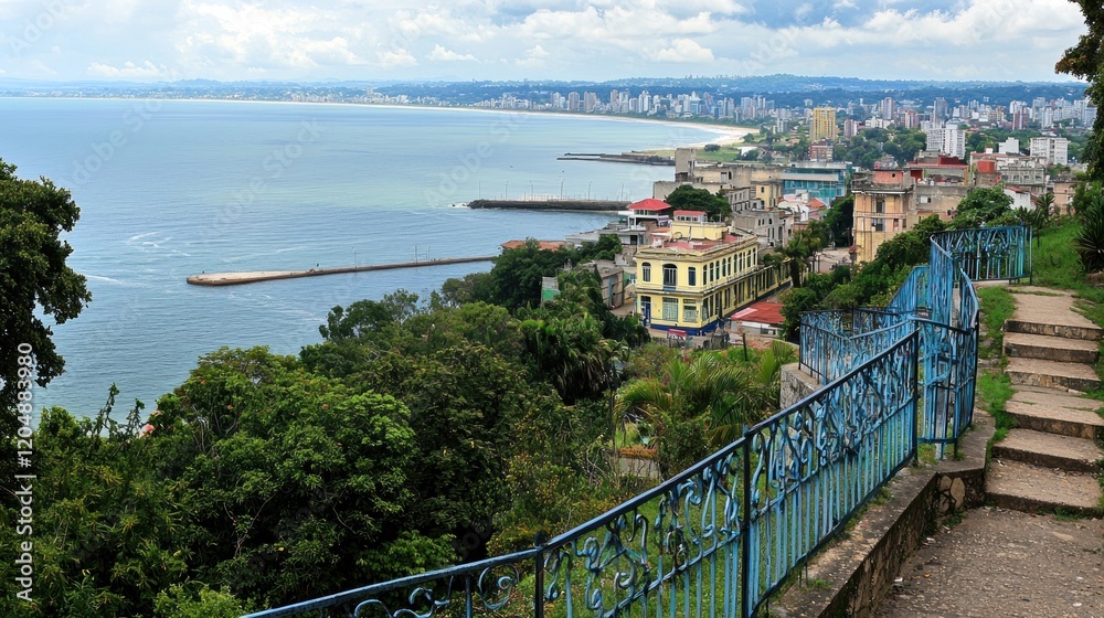Coastal city panorama, hillside stairs, ocean view, tropical foliage, cityscape background Coastal city panorama, hillside stairs, ocean view, tropical foliage, cityscape background