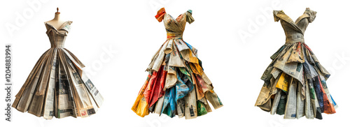 Unique Fashion Dresses Made from Newspapers on Transparent Background