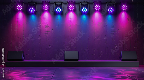 Vibrant Stage with Colorful Spotlights and Speakers.. photo