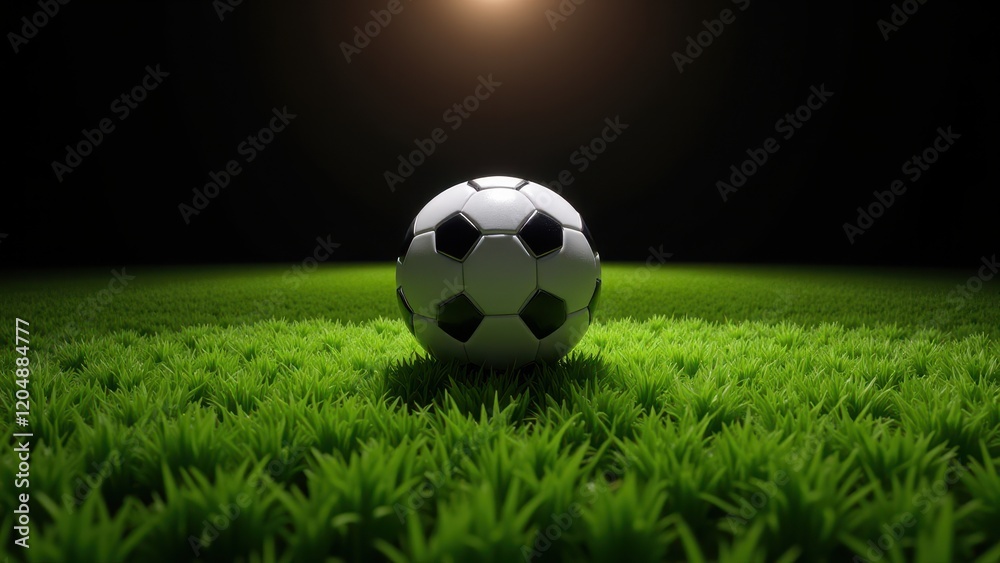 Fototapeta premium A perfectly centered white and black soccer ball rests on lush green grass, casting a delicate shadow that dances across the vibrant field