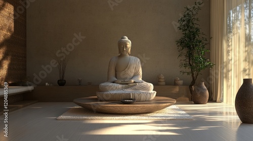 Serene Buddha Statue in Minimalist Zen Room photo