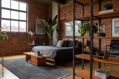 Industrial-inspired studio interior with exposed brick walls, metal accents, and an open shelving unit doubling as a room divider.