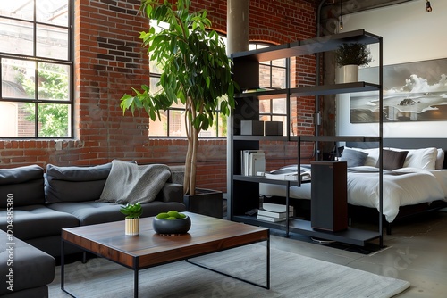 Industrial-inspired studio interior with exposed brick walls, metal accents, and an open shelving unit doubling as a room divider.