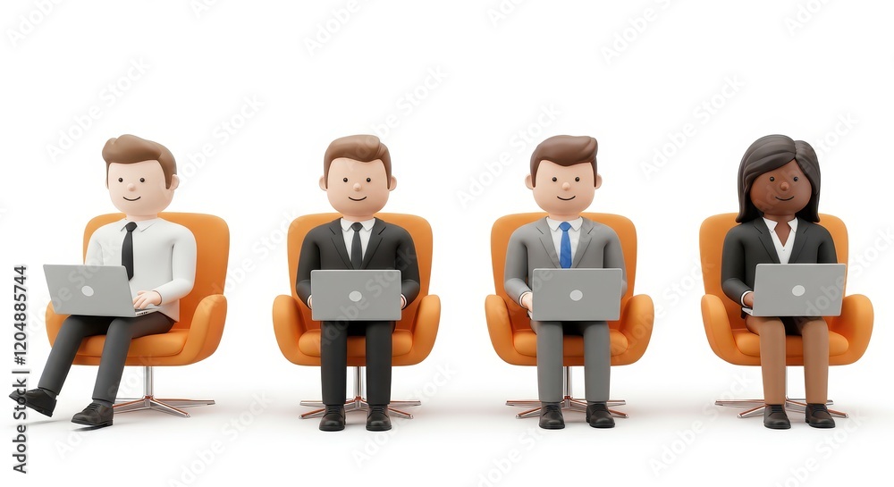 3D team of professionals seated in orange modern chairs 3D team of professionals seated in orange modern chairs