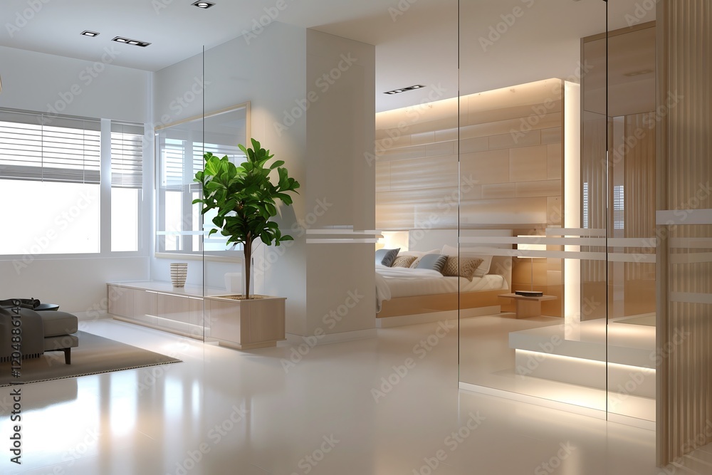 Modern studio apartment with a glass divider separating the sleeping area from a chic living space, decorated with indoor plants and soft lighting.