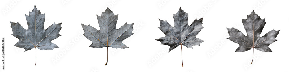 Naklejka premium Closeup of several gray toned maple leaves in an autumnal moody and minimalist composition The leaves have a weathered grungy texture and muted monochrome color palette