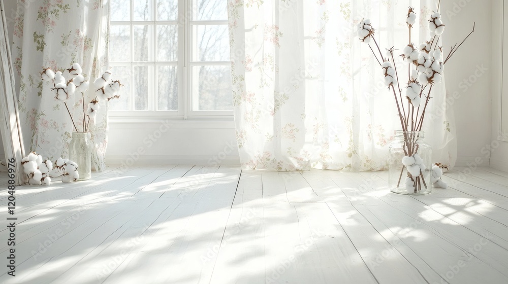 Sunlit White Room Interior with Cotton Flowers and Sheer Curtains Sunlit White Room Interior with Cotton Flowers and Sheer Curtains