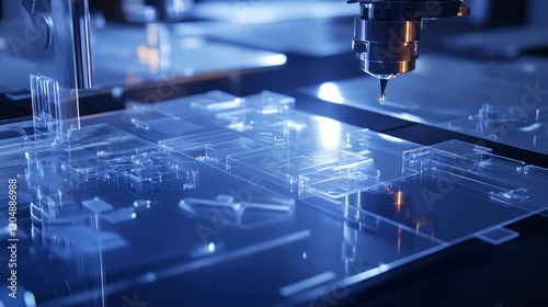 Precision cutting of transparent plastic sheets industrial workshop process high-tech environment close-up view modern manufacturing