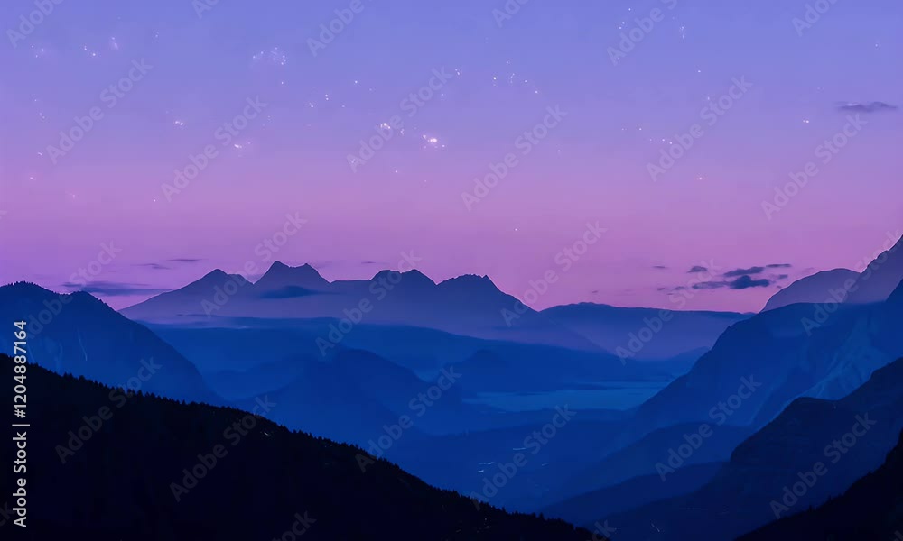 Sunrise over snow-capped mountain peaks, casting soft light on the tranquil valley below. A perfect harmony of nature, reflecting in the still waters of a peaceful alpine lake.