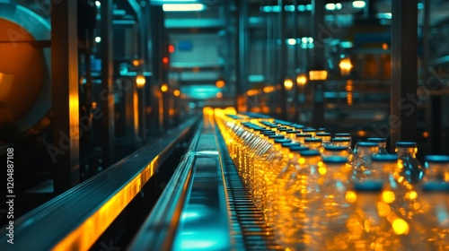 Automated conveyor belts transporting clear plastic bottles industrial facility gigapixel quality dynamic environment close-up view photo