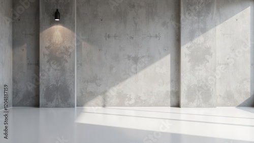 Glossy white tiles gleam under soft light, framed by sleek, diagonal gray concrete panels on an elegant indoor backdrop photo