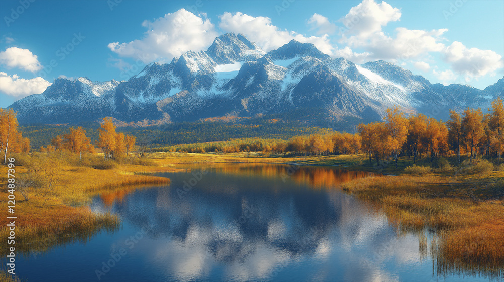 Fototapeta premium Majestic mountain range reflected in a serene autumn lake.