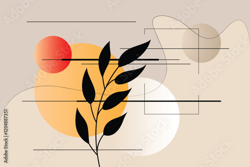 Abstract geometric shapes background with leaves, circles, and lines. Peaceful backdrop. Modern boho minimalist art.