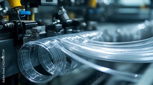 Extruding and coiling plastic tubing manufacturing facility industrial process controlled environment close-up view technology innovation