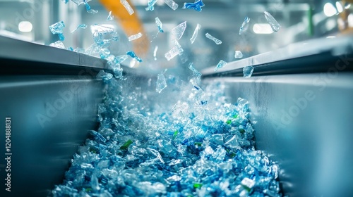 Recycling process of shredded plastic scrap industrial facility gigapixel quality clean environment close-up view sustainability awareness
