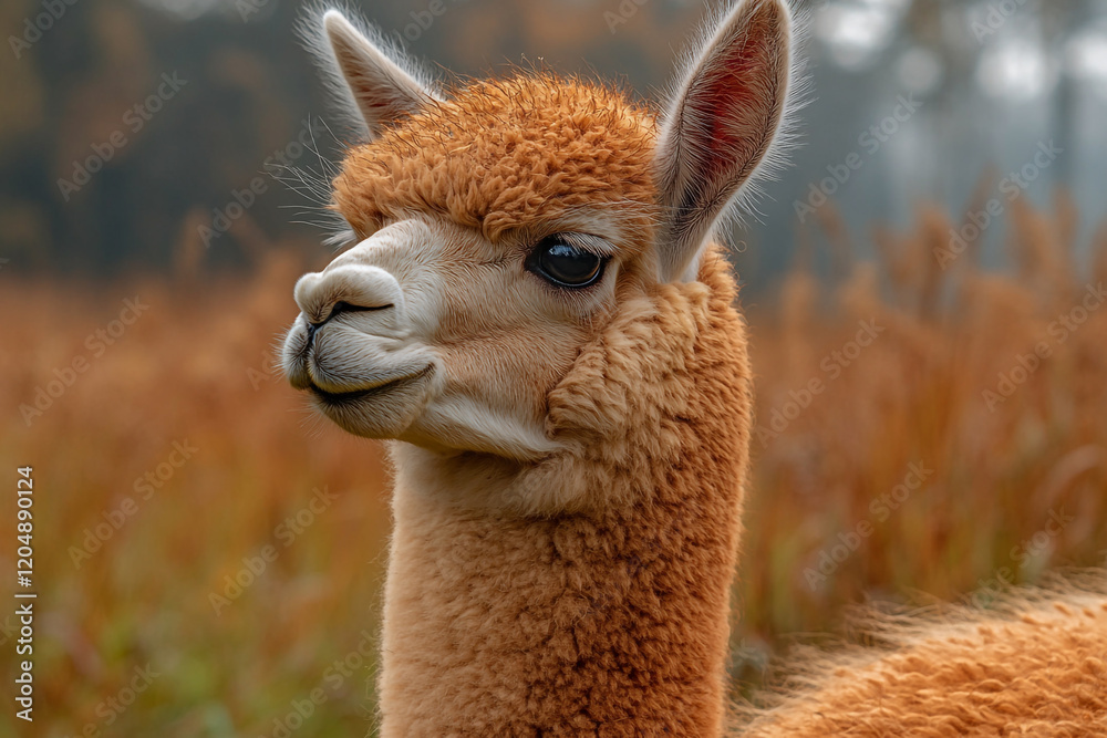 Obraz premium A Fluffy Brown Alpaca in an Autumn Field