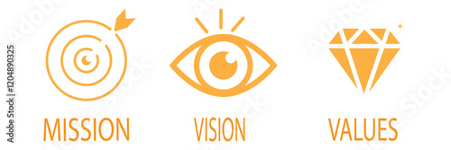 Mission Vision Values of company icon set, Success symbol isolated Organization mission flat simple info graphics design template. Colorful icons. Target, Eye Star and Diamond.